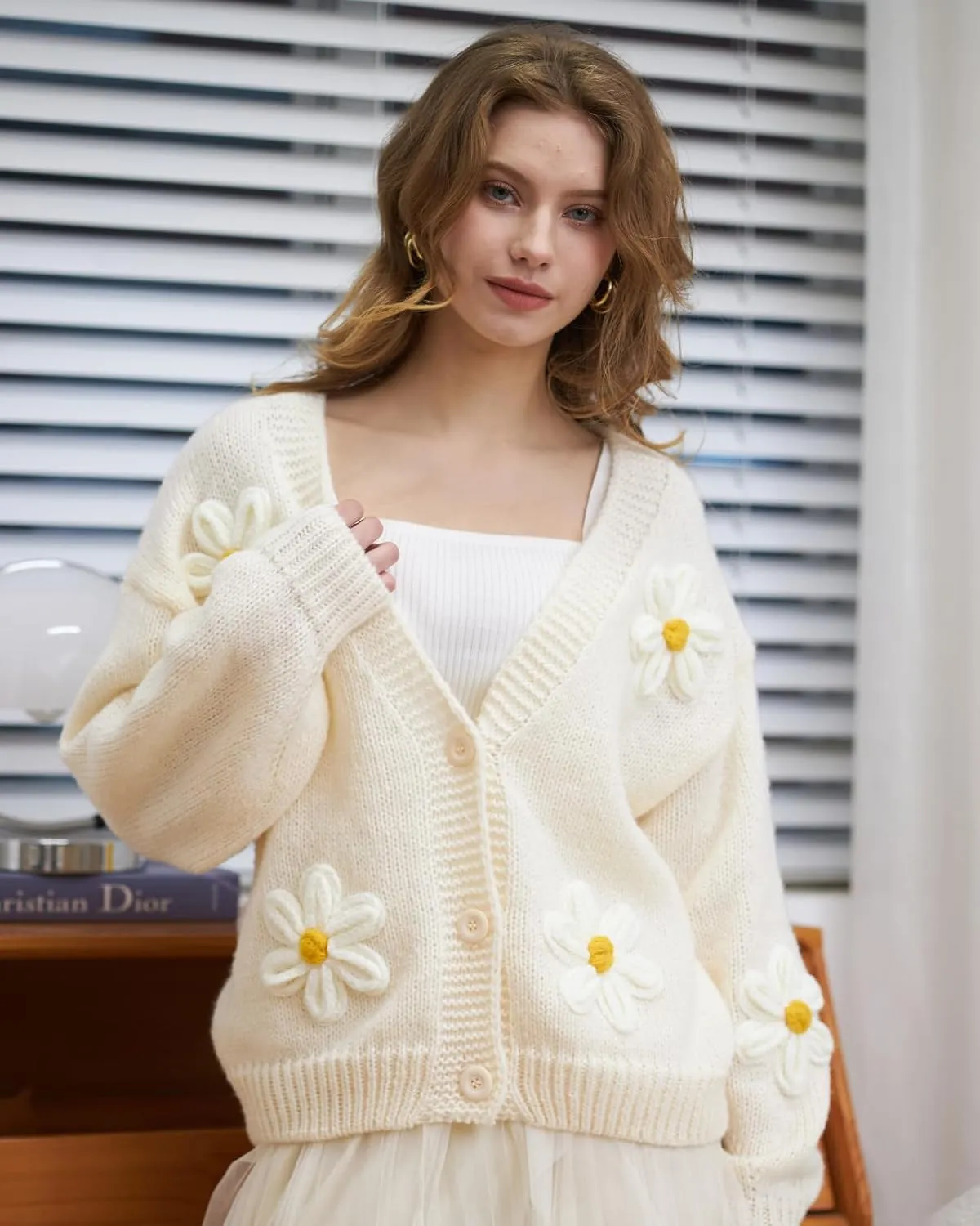 Y2k Sweater Cardigan for Women, Long Sleeve V-Neck Button Crochet Flower Knit Womens Clothes.