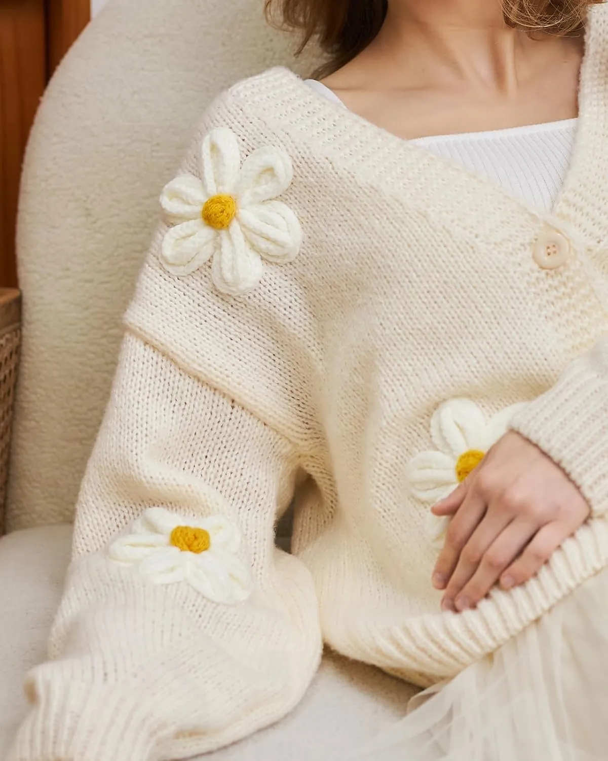 Y2k Sweater Cardigan for Women, Long Sleeve V-Neck Button Crochet Flower Knit Womens Clothes.