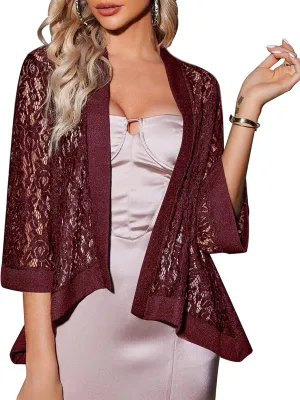 Zeagoo Kimono Cardigans for Women 3/4 Sleeves Open Front Lightweight Shrug Lace Bolero for Evening Dresses