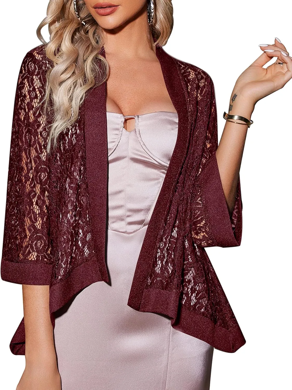 Zeagoo Kimono Cardigans for Women 3/4 Sleeves Open Front Lightweight Shrug Lace Bolero for Evening Dresses