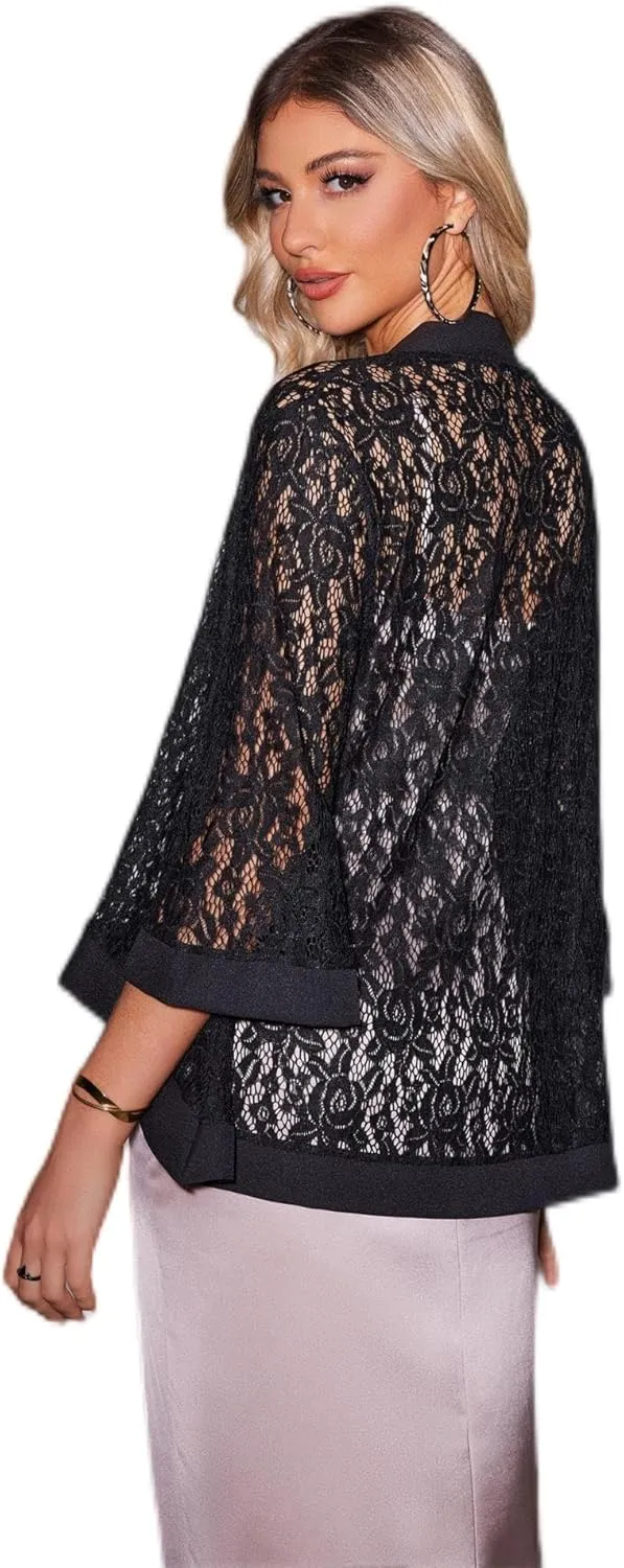 Zeagoo Kimono Cardigans for Women 3/4 Sleeves Open Front Lightweight Shrug Lace Bolero for Evening Dresses