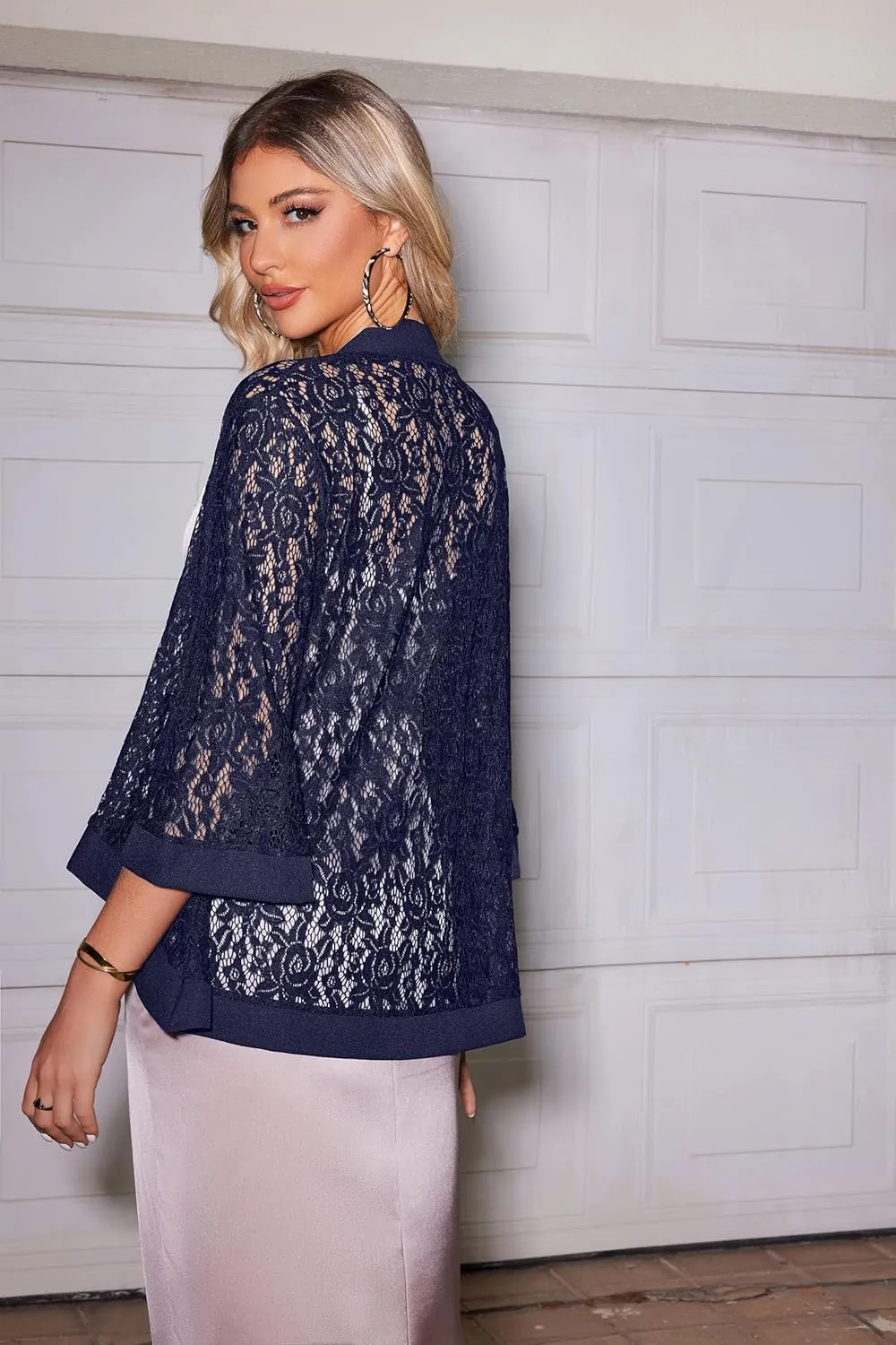Zeagoo Kimono Cardigans for Women 3/4 Sleeves Open Front Lightweight Shrug Lace Bolero for Evening Dresses