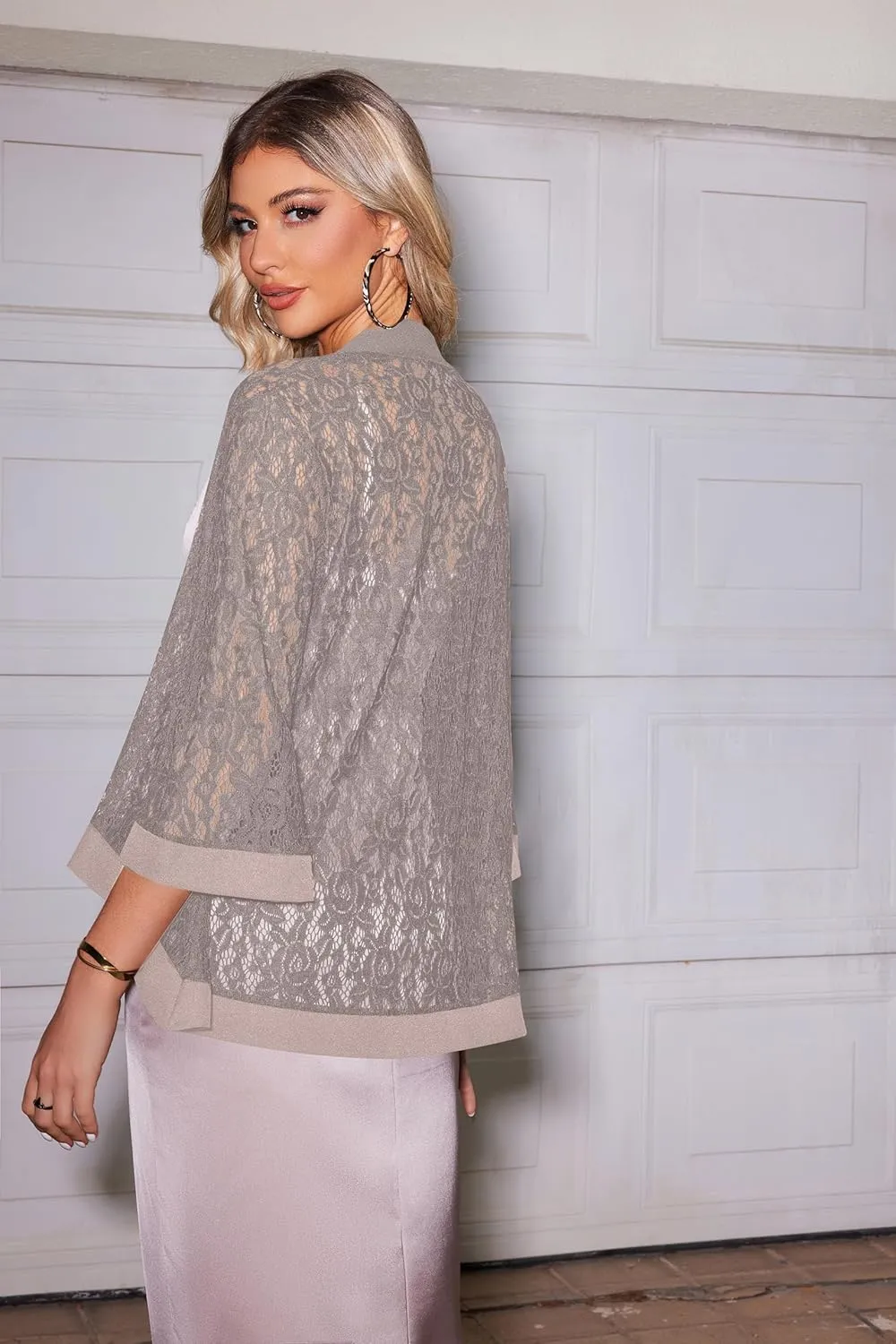 Zeagoo Kimono Cardigans for Women 3/4 Sleeves Open Front Lightweight Shrug Lace Bolero for Evening Dresses