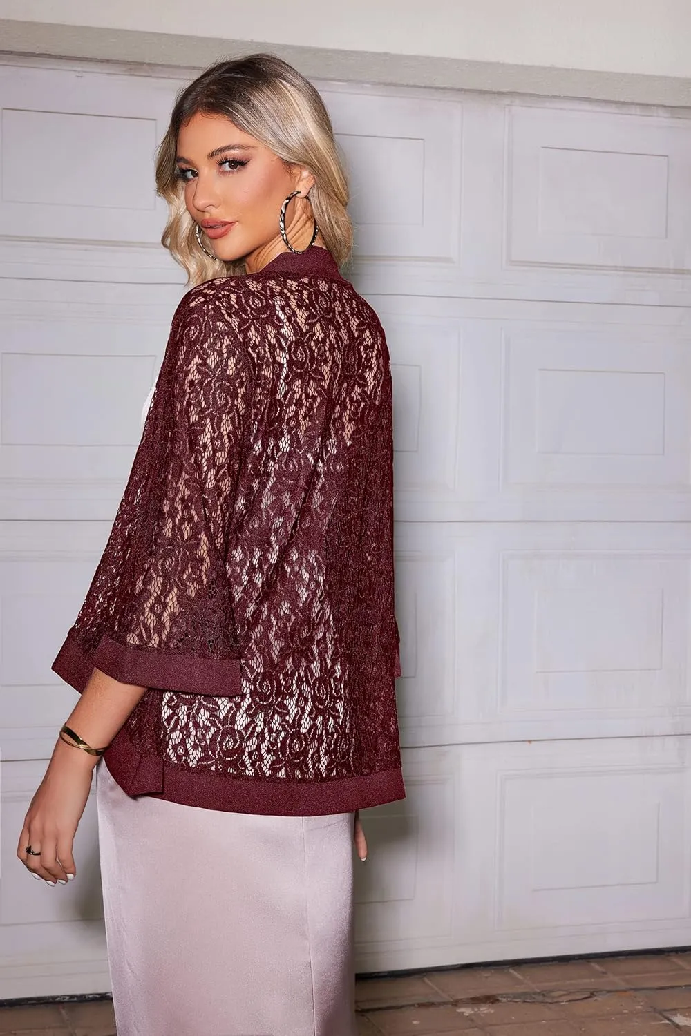 Zeagoo Kimono Cardigans for Women 3/4 Sleeves Open Front Lightweight Shrug Lace Bolero for Evening Dresses
