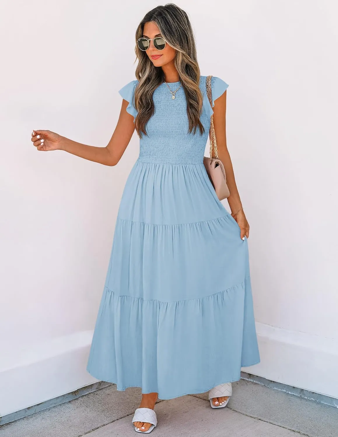 ZESICA Women's 2025 Summer Casual Flutter Short Sleeve Crew Neck Smocked Elastic Waist Tiered Midi Dress