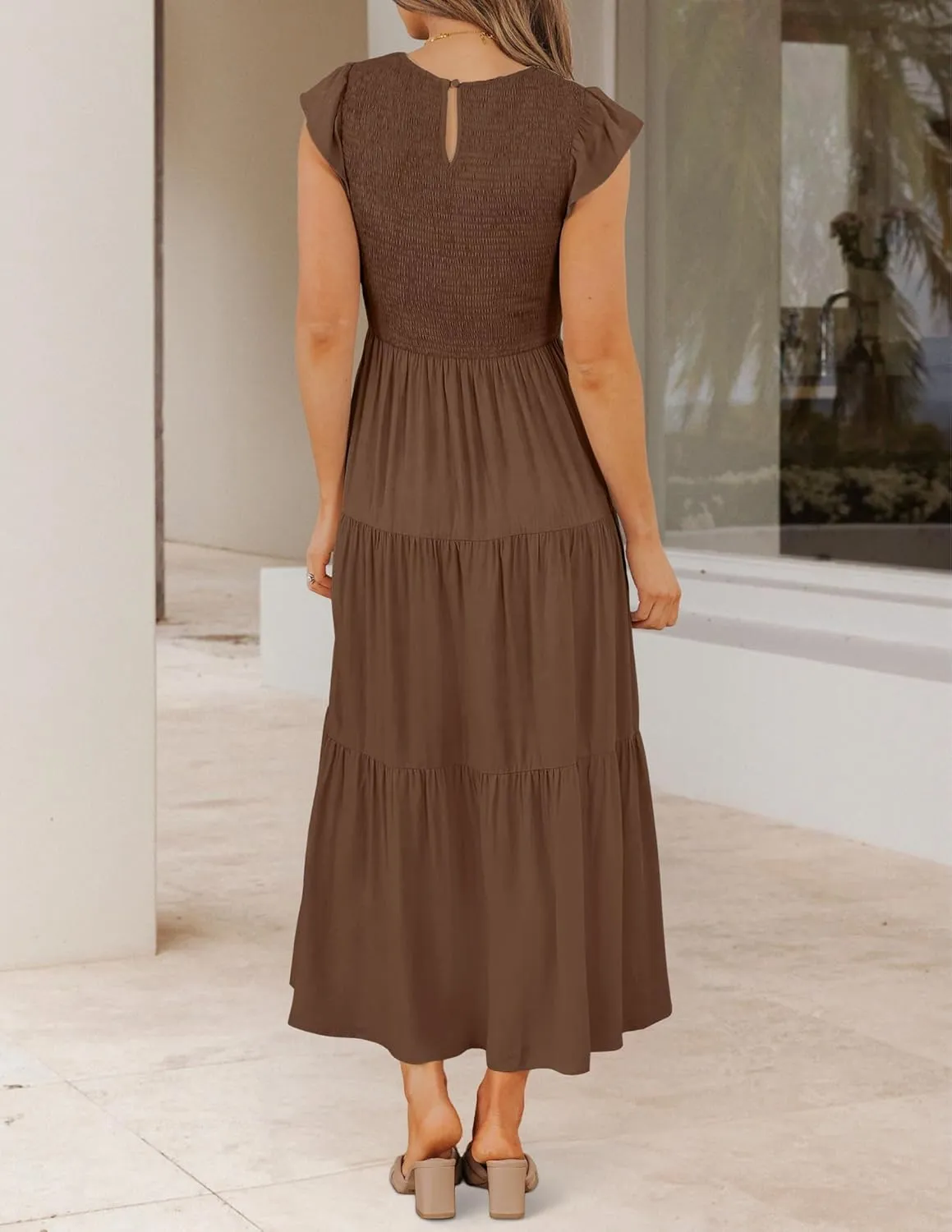 ZESICA Women's 2025 Summer Casual Flutter Short Sleeve Crew Neck Smocked Elastic Waist Tiered Midi Dress