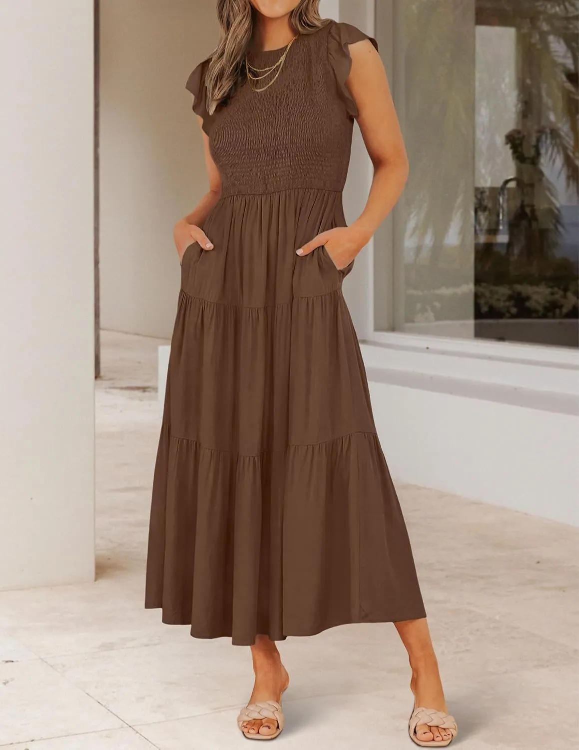 ZESICA Women's 2025 Summer Casual Flutter Short Sleeve Crew Neck Smocked Elastic Waist Tiered Midi Dress