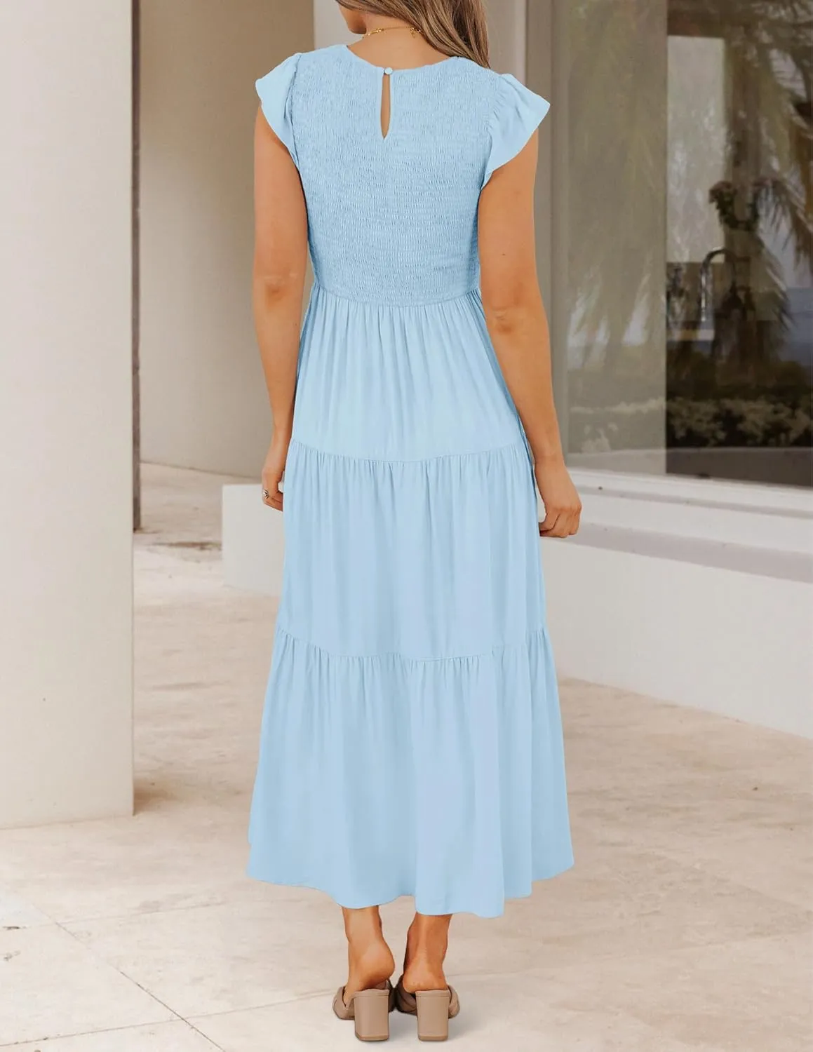 ZESICA Women's 2025 Summer Casual Flutter Short Sleeve Crew Neck Smocked Elastic Waist Tiered Midi Dress