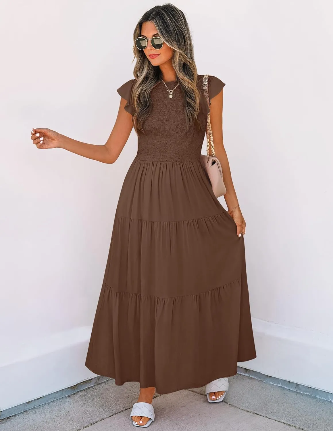 ZESICA Women's 2025 Summer Casual Flutter Short Sleeve Crew Neck Smocked Elastic Waist Tiered Midi Dress