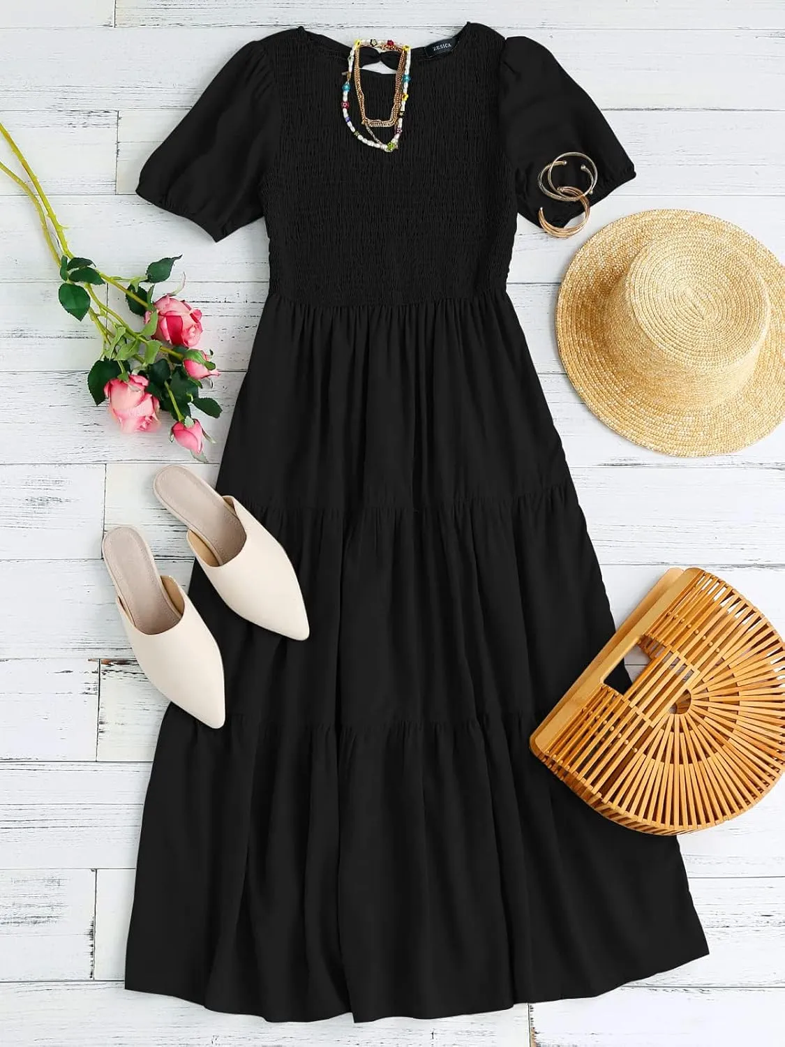ZESICA Women's Casual Summer Crew Neck Short Puff Sleeve Smocked High Waist Ruffle Tiered A Line Midi Dress