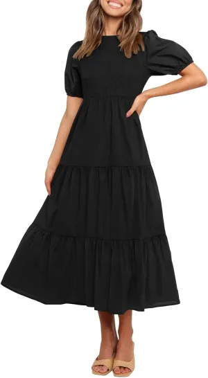 ZESICA Women's Casual Summer Crew Neck Short Puff Sleeve Smocked High Waist Ruffle Tiered A Line Midi Dress