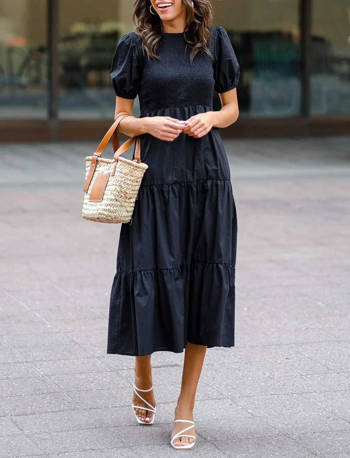 ZESICA Women's Casual Summer Crew Neck Short Puff Sleeve Smocked High Waist Ruffle Tiered A Line Midi Dress