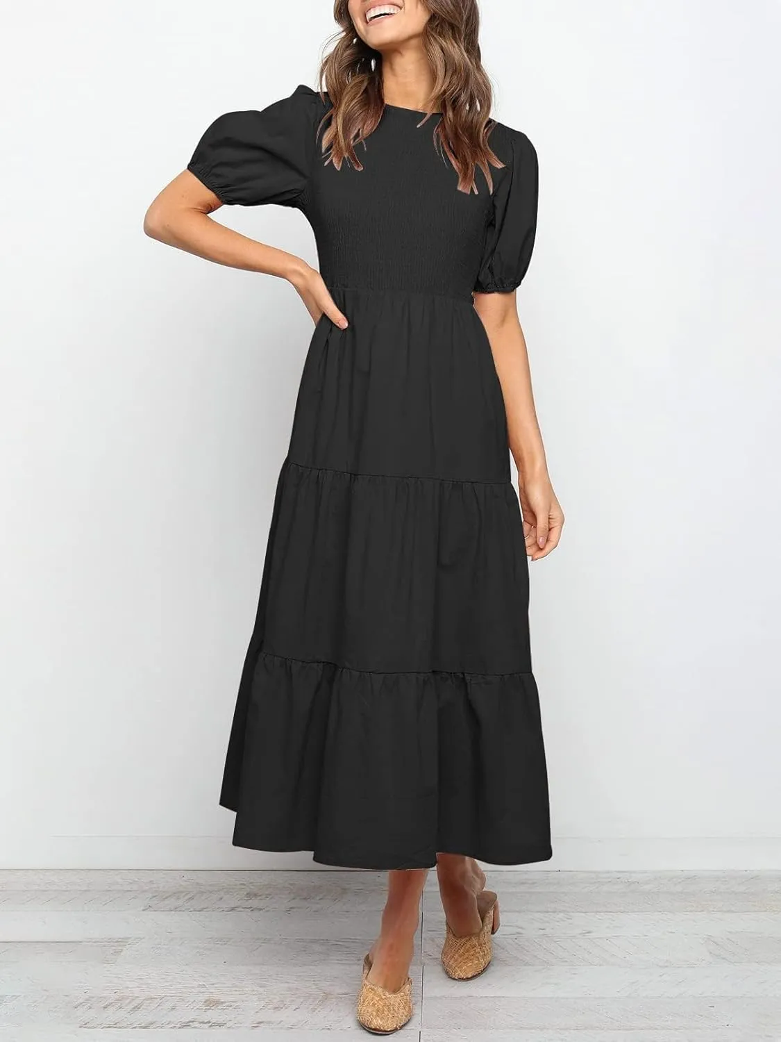 ZESICA Women's Casual Summer Crew Neck Short Puff Sleeve Smocked High Waist Ruffle Tiered A Line Midi Dress