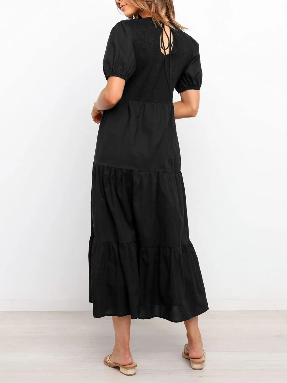 ZESICA Women's Casual Summer Crew Neck Short Puff Sleeve Smocked High Waist Ruffle Tiered A Line Midi Dress